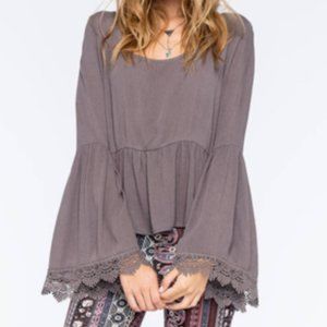 Others Follow Women Gray Boho Cropped Lace Long Bell Sleeve Blouse Sz Small